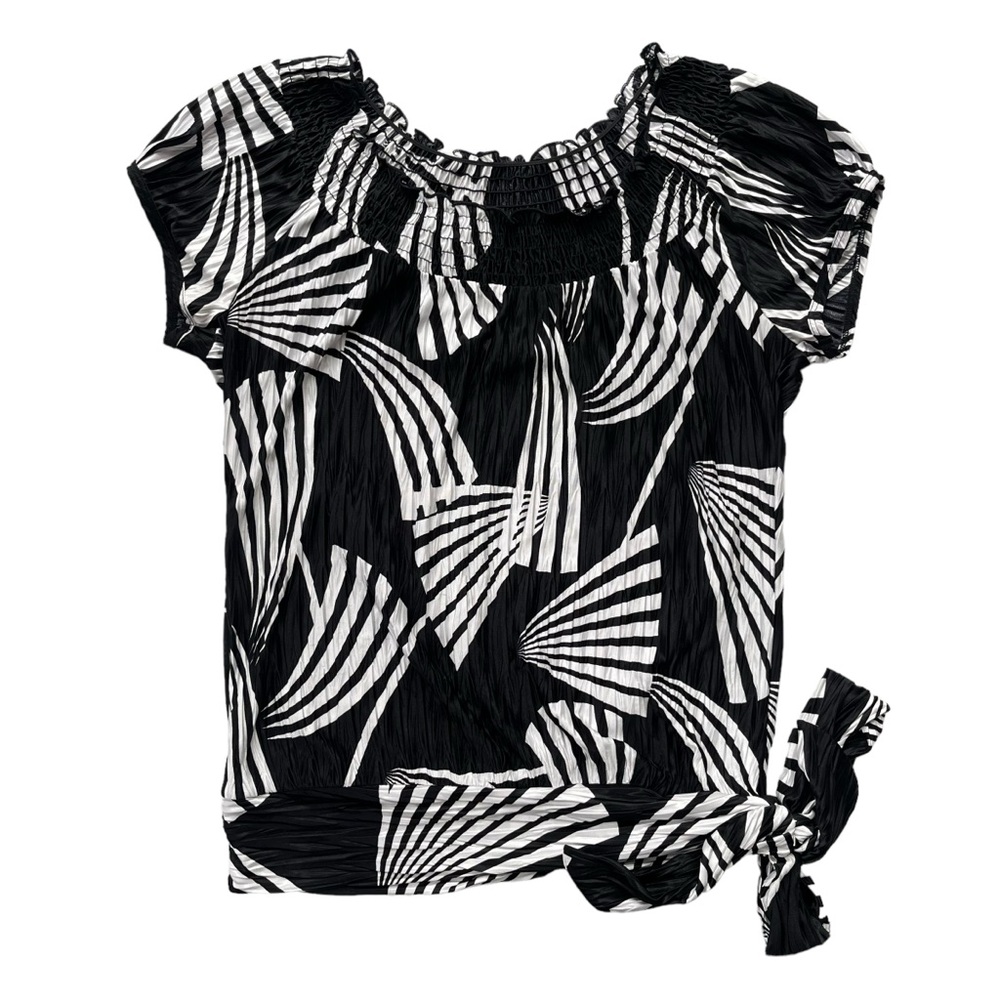 Heart Soul Womens Large Black White Leaf Silk Tie Drop Waist Short Sleeve Blouse
